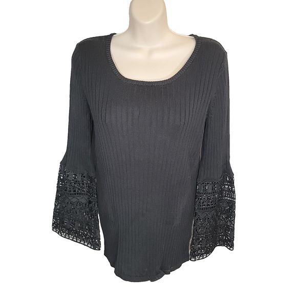TRIBAL JEANS Black Crochet Embellished Sleeves Pullover Sweater Size G/L - Picture 2 of 11